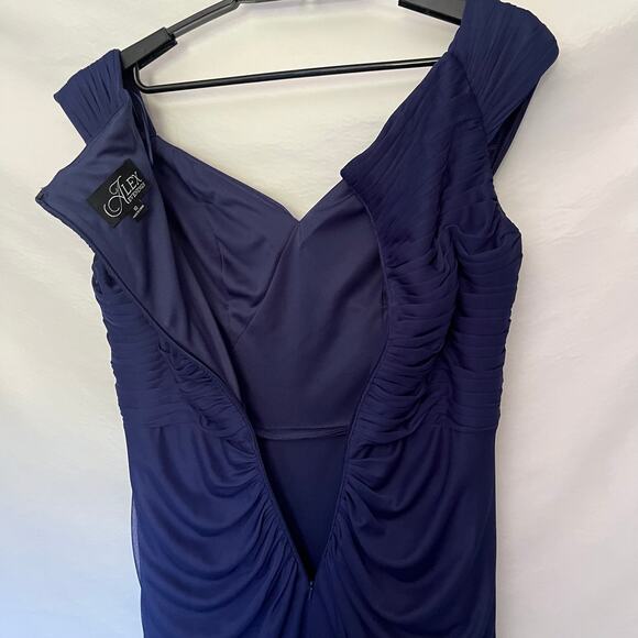 ALEX EVENINGS Off Shoulder Full Length Dress Sz 10 Navy Bling Ruching Dark Fairy - Picture 7 of 15